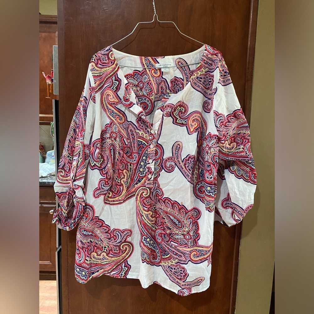 Liz Claiborne Paisley Button Down Shirt - Pink and White
